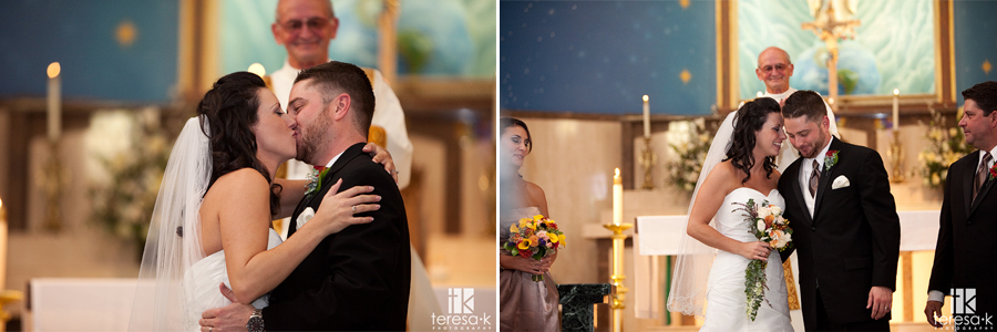  First kiss at St. Mary’s church in Sacramento, California by Sacramento wedding photographer Teresa K 