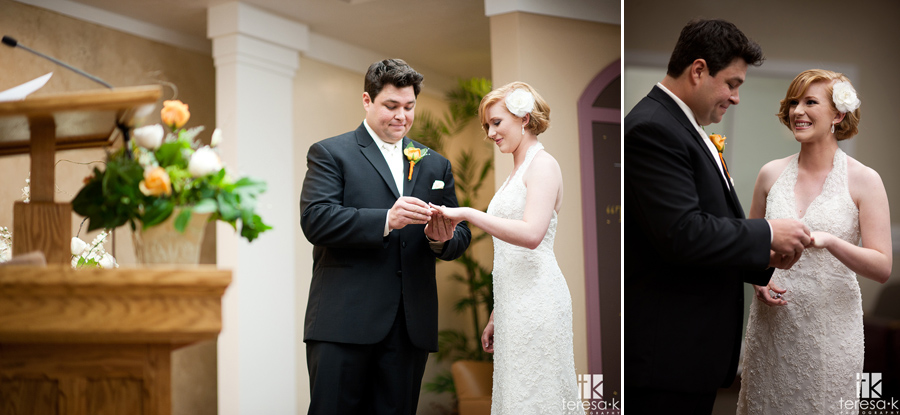 bride and groom exchange rings at Jehovah’s witness hall in Lincoln, Ca