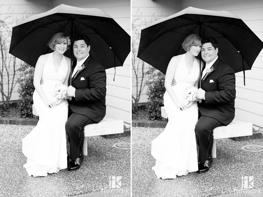 black and white rainy day bride and groom portraits in Lincoln, ca