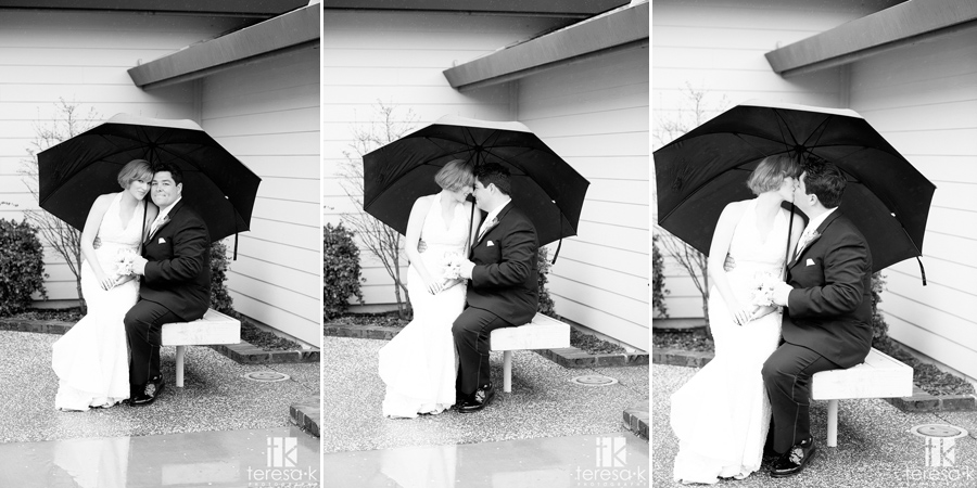 b&w rainy day bride and groom portraits in Lincoln, ca