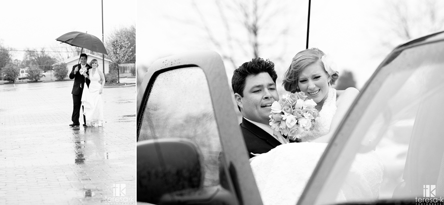 groom carries bride into getaway car in the rain