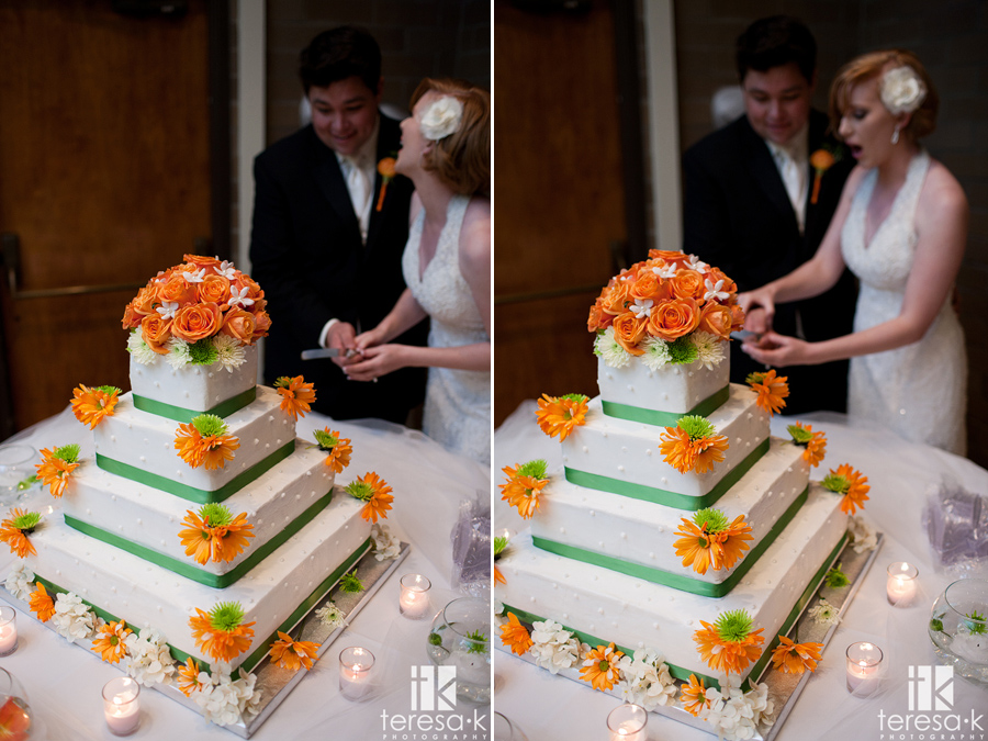  bride and groom cut the cake at wedding reception