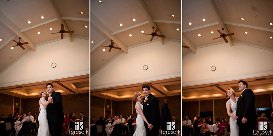  bride and groom dancing and twirling in open reception area