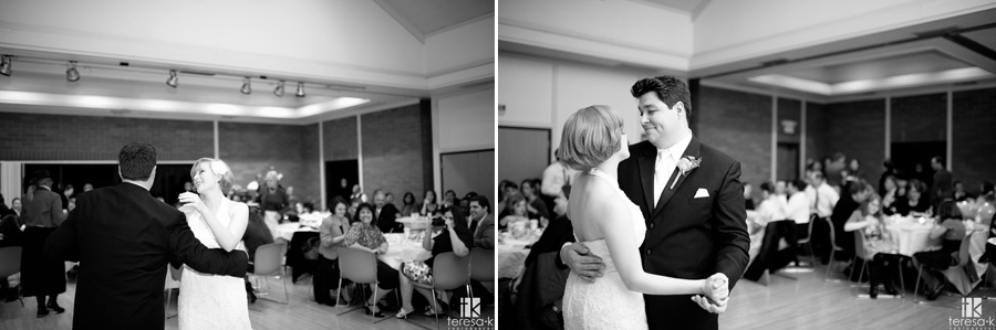 black and white bride and groom dancing in open reception area