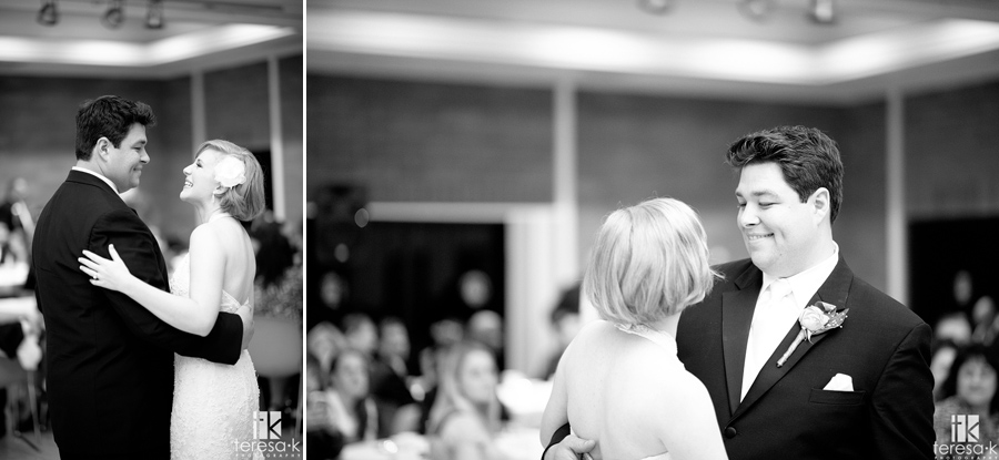  black and white bride and groom dancing in open reception area