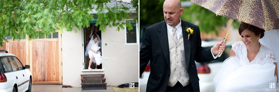 bride's dad escorting her to car on rainy Sacramento wedding day
