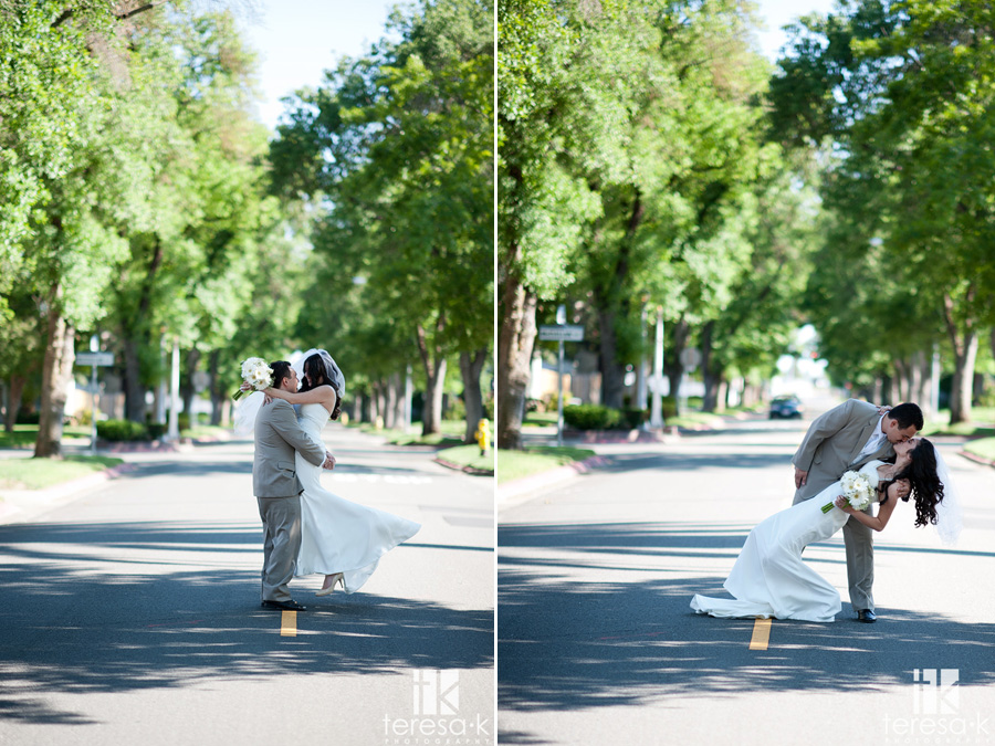 bride and groom pictures in the middle of a tree lined road
