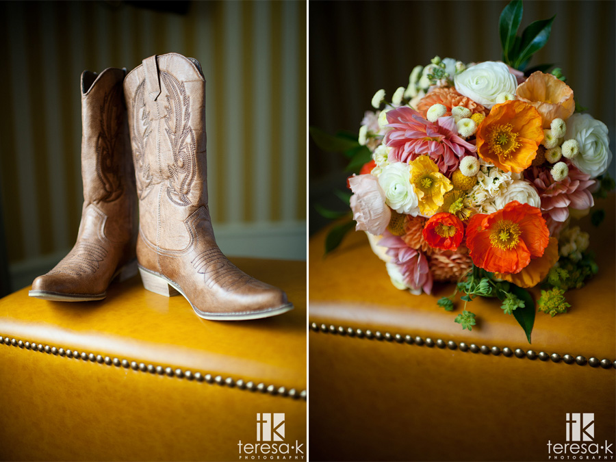 wedding cowgirl boots and colorful wedding flowers