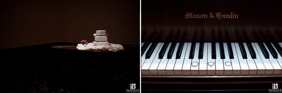 wedding rings and cake on a piano