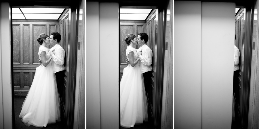 elevator kiss shot of bride and groom