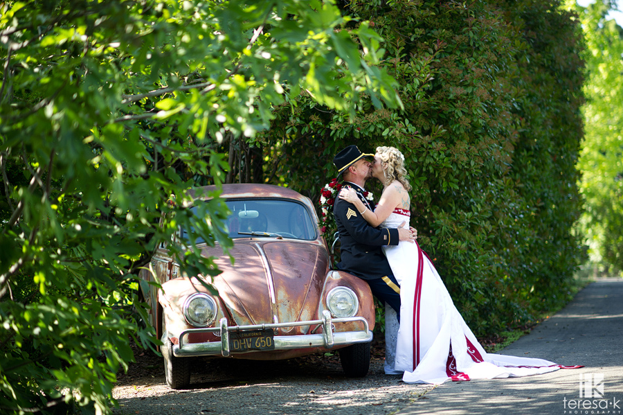 bride and groom by vintage Volkswagen