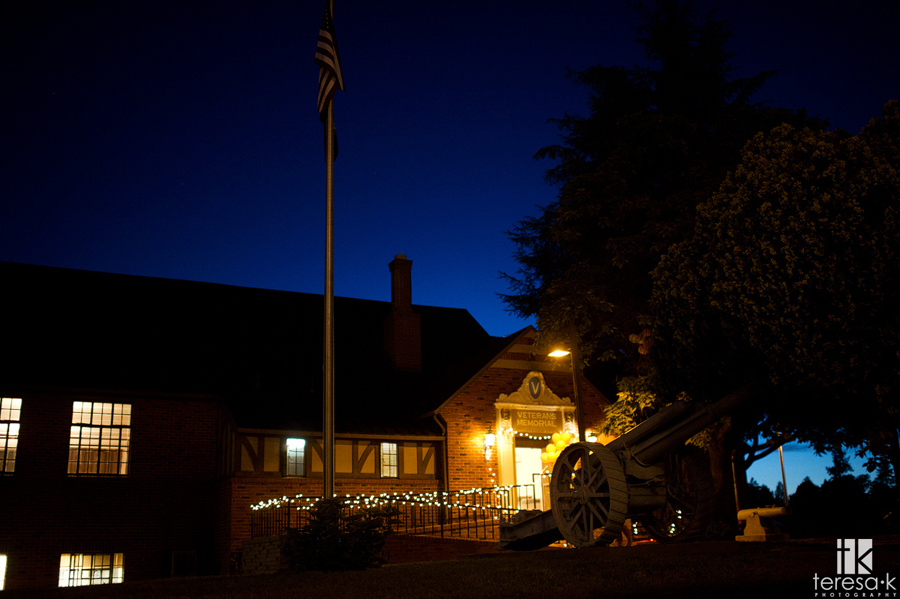 nighttime view of auburn wedding reception at the Veteran's Memorial Hall