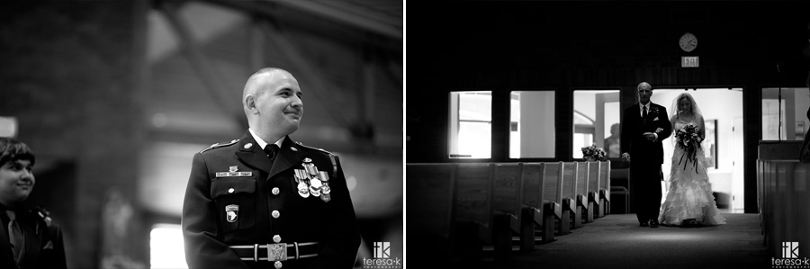 army groom watching bride come down the aisle