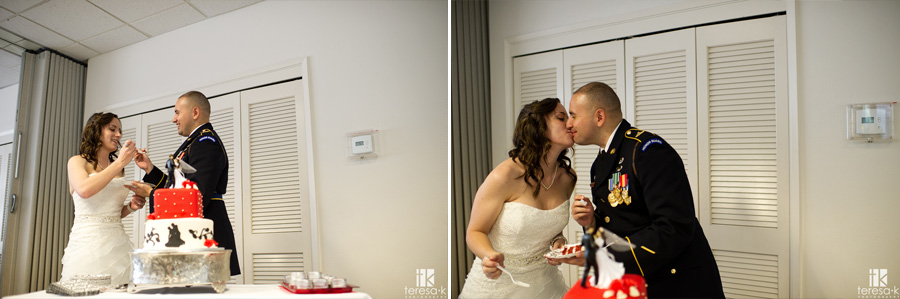 bride and groom kiss after feeding cake
