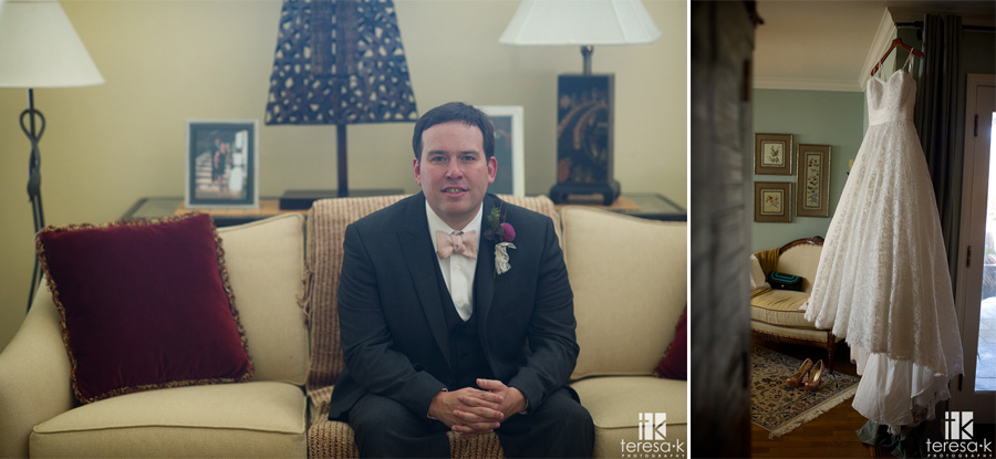 portrait of groom next to lave wedding dress