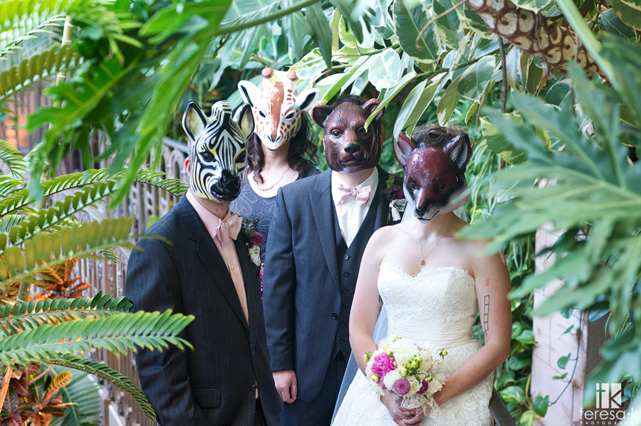 bridal party wearing zoo masks