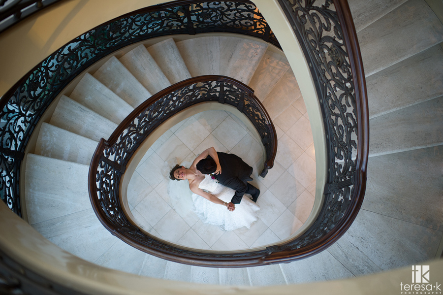 spiral staircase wedding shot at the Sacramento grand ballroom