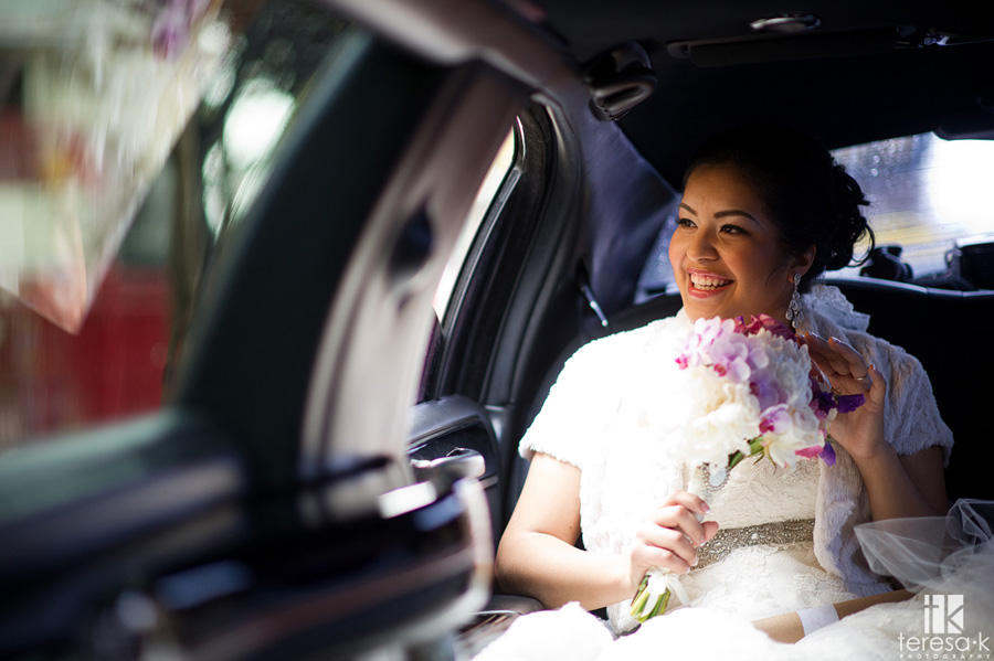 bride rides in limo to Oakland wedding