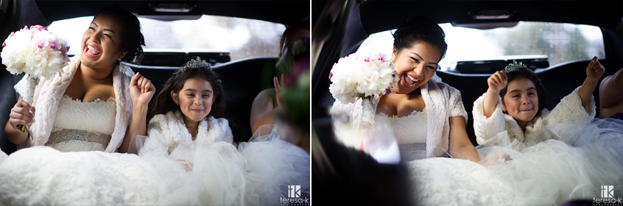 bride and flower girl rock out in the limo