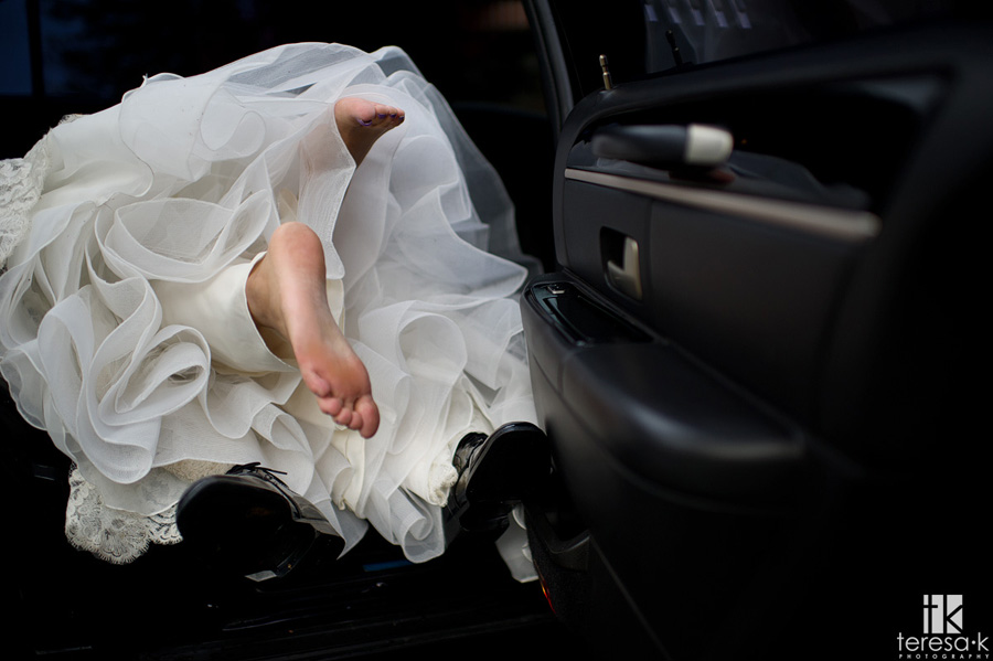 creative limo shot of bride and groom